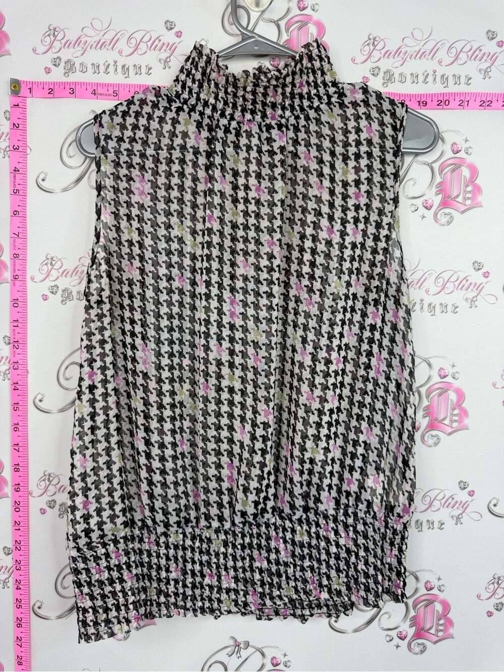 Tristan tank Black White Houndstooth Sleeveless Mock Neck Top with Pink Accents